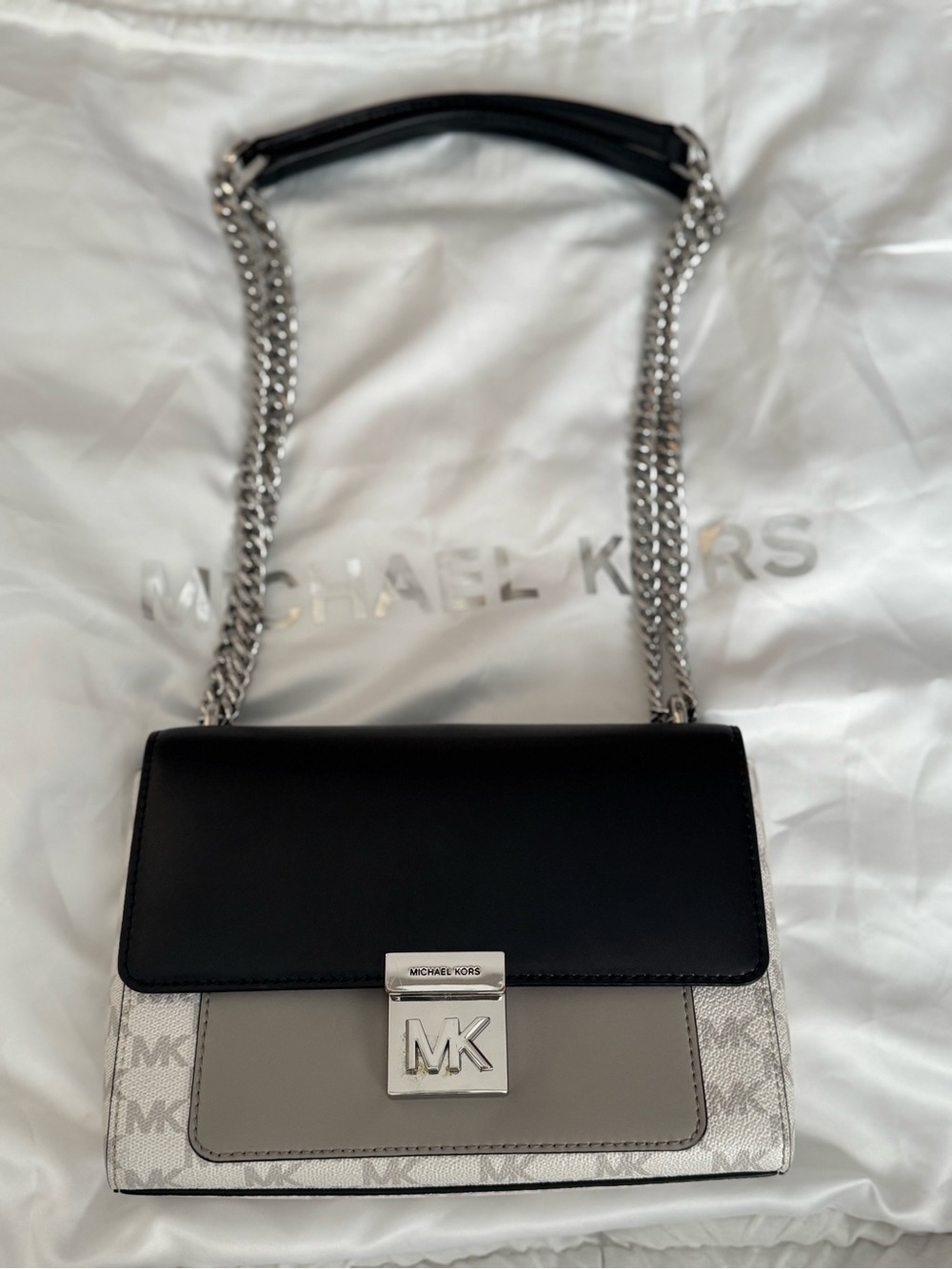 Michael Kors Black, Gray & White MK Logo Chain Shoulder Bag